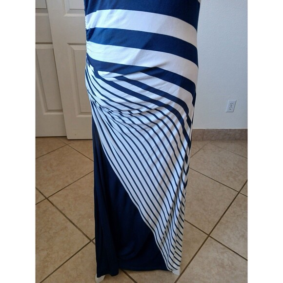 Soft Surroundings Maxi Dress Blue White Stripe Shirred Side M Coastal Nautical - Picture 11 of 16